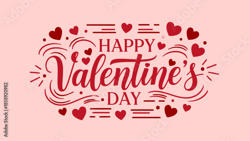 Happy Valentine's Day greeting with red hearts and decorative swirls on a light pink background.