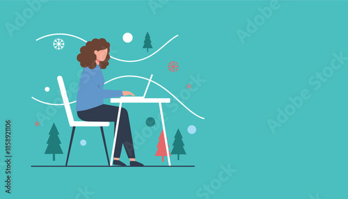 Remote worker on laptop with festive winter background Holiday deadline and freelance illustration