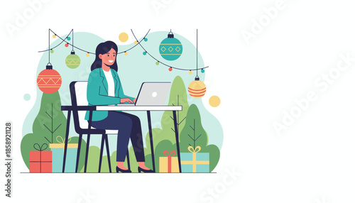 A woman works on a laptop outdoors amidst festive holiday decorations and gifts