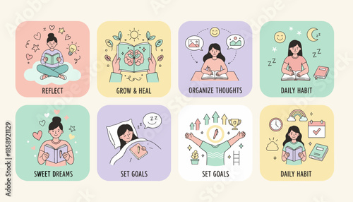 Journaling and selfcare routine icons reflection setting goals mental healing organizing thoughts and daily habits