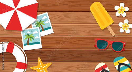 A vibrant summer beach scene illustration featuring beach accessories on a wooden deck, evoking a sense of relaxation and vacation vibes with a bright color palette.