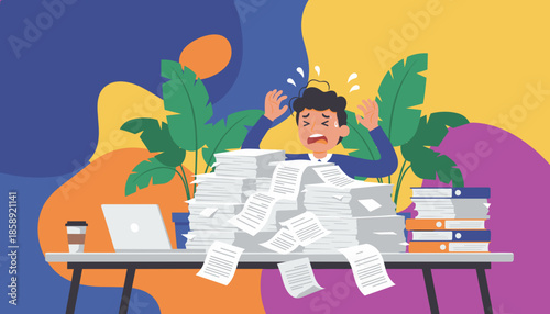 Businessman drowning in paperwork experiencing stress burnout and excessive workload