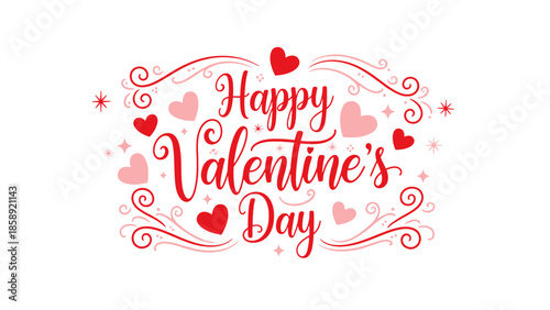 Happy Valentine's Day decorative text with hearts and swirls.
