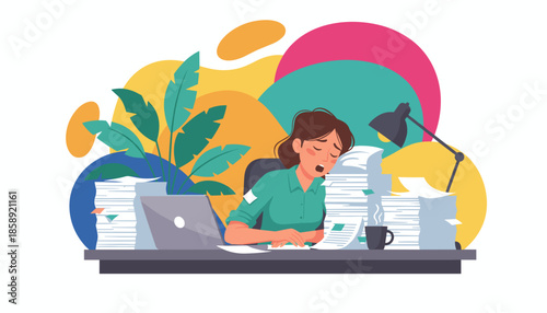 Overworked woman exhausted by overwhelming stacks of paperwork symbolizing stress and professional burnout
