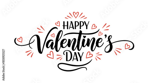Happy Valentine's Day elegant script typography with hearts and decorative elements on a white background.