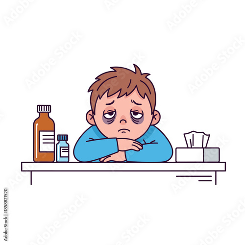 Tired young boy with dark circles under his eyes feeling unwell.