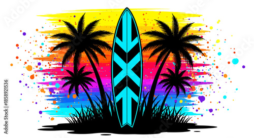 Vibrant vector illustration showcasing a surfboard amidst palm trees, set against a colorful, abstract sea background, evoking a sense of tropical summer vibes.