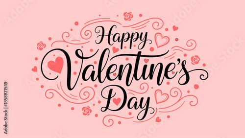Happy Valentine's Day handwritten calligraphy with hearts and decorative elements on pink background