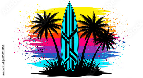 Vibrant vector illustration featuring a surfboard standing upright amidst palm trees and lush grass against a colorful, abstract sunset sea background, evoking a tropical vibe.
