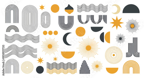 Abstract geometric vector shapes featuring wavy lines, suns, moons, and arches, creating a modern minimalist background design aesthetic.