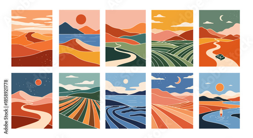 A collection of minimalist vector landscape illustrations showcasing diverse natural scenes, from deserts and seascapes to agricultural fields, rendered in a modern, artistic style.