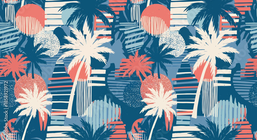 A vibrant and modern vector background featuring stylized palm trees and geometric shapes evoking a tropical seaside paradise, perfect for summer designs.