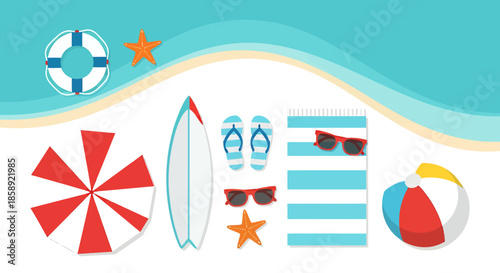 A vibrant vector illustration showcasing a collection of beach essentials arranged on a white sand background, evoking a sense of summer vacation and coastal relaxation.