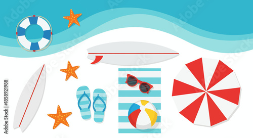 A vibrant vector illustration showcases a collection of summer beach essentials, including surfboards, starfish, and a beach umbrella, perfect for vacation-themed designs and promotional materials.