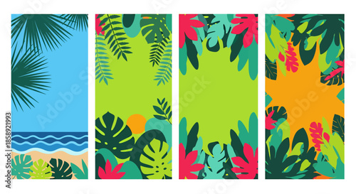A vibrant collection of tropical vector backgrounds featuring lush foliage, sunny skies, and a tranquil sea, perfect for adding a touch of paradise to designs.