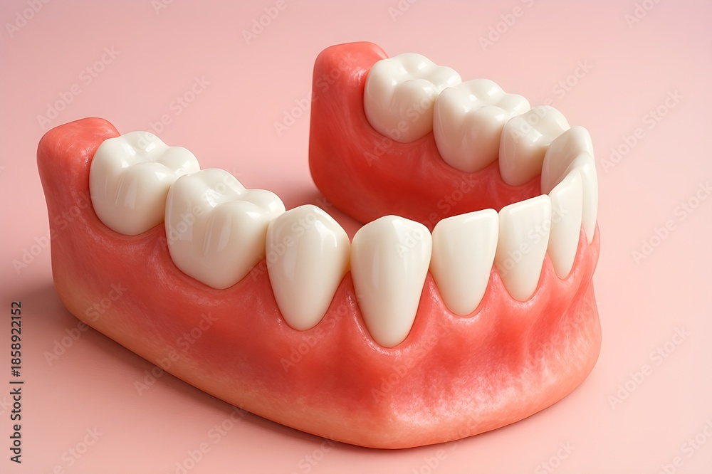 Fototapeta premium Human lower jaw model with white teeth, 3D illustration of dental anatomy for oral health education, professional stomatology concept on pink background, prosthetic dentistry and tooth restoration.