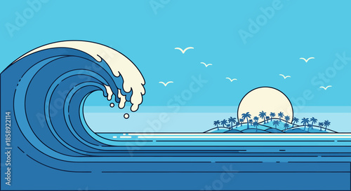 Beautiful vector artwork depicting a massive blue ocean wave with white foam, an idyllic island, and the sun setting over the calm sea.