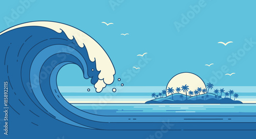 A vibrant vector illustration depicts a stylized ocean scene with a large wave crashing near a tropical island under a bright sun, creating a serene and visually appealing composition.
