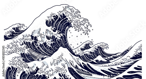 Dynamic vector illustration capturing the power of ocean waves crashing in a stylized manner, ideal for backgrounds and creative projects with a nautical theme.