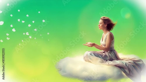 Serene Sky Dreamer: A woman sits peacefully atop a cloud against a soft, green sky, seemingly conjuring flower petals, creating a moment of pure zen.