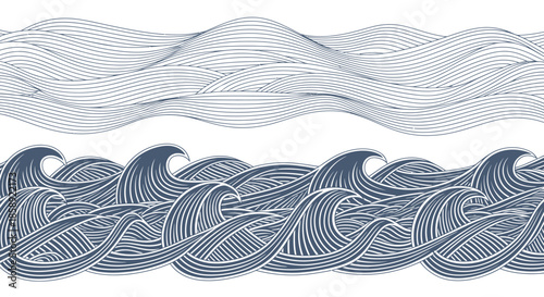 A captivating vector illustration showcases stylized ocean waves with intricate line work, creating a dynamic and visually appealing seamless background for various design projects.