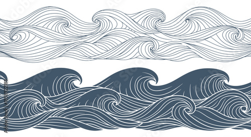 A seamless vector illustration featuring stylized ocean waves in both outline and filled dark blue versions, perfect for a decorative background or border design.