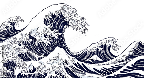 Detailed vector illustration of powerful ocean waves with intricate foam patterns, creating a dynamic and visually captivating marine background for design projects.