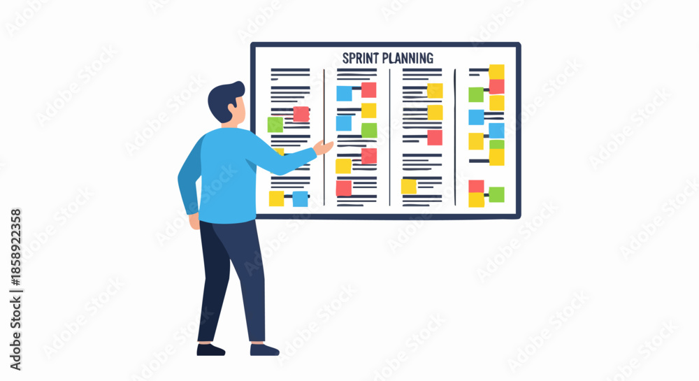 Fototapeta premium Man pointing at sprint planning board with tasks and progress.