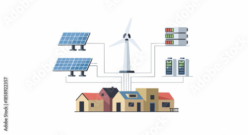 Sustainable energy microgrid connecting solar wind and battery storage to residential homes.