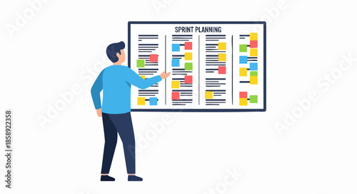 Man pointing at sprint planning board with tasks and progress.