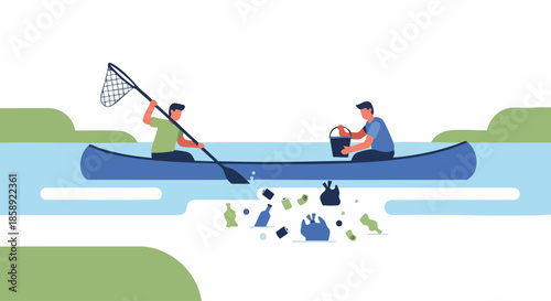 Two people in a canoe cleaning up plastic pollution from a river.
