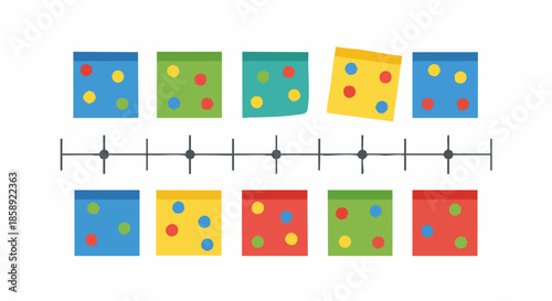 Colorful squares with dots arranged in a sequence with a timeline.