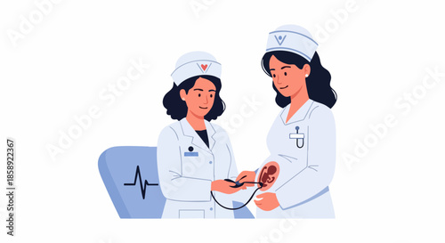 Two nurses checking patient vital signs with stethoscope and monitor.