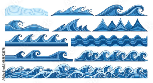 A vector illustration showcases a collection of stylized blue sea waves in varying shapes and sizes, creating a dynamic and visually appealing oceanic background.