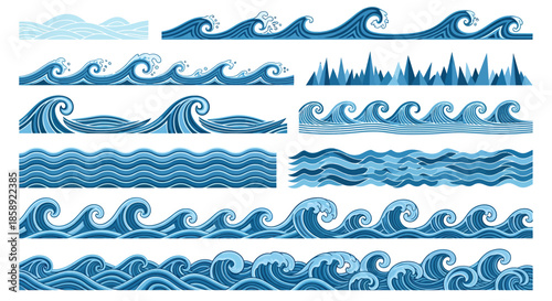 A collection of stylized vector illustrations showcasing various blue ocean wave patterns, perfect for decorative borders, design elements, and backgrounds with a nautical or aquatic theme.