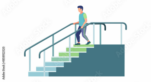 Person walking down stairs holding handrails for support.