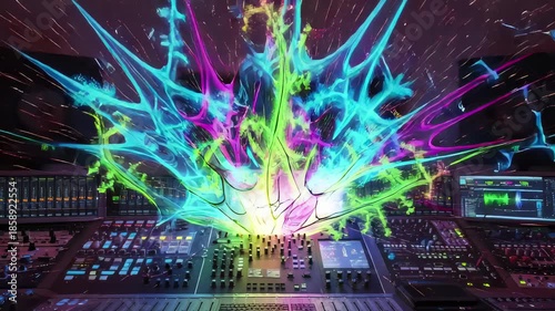 Digital Symphony: An artistic explosion of vibrant lights and sound, interwoven with a mixing console. The scene embodies a fusion of technology, art, and music.
