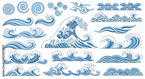 A comprehensive collection of stylized blue ocean wave vector illustrations, showcasing traditional Japanese art for decorative design backgrounds and patterns.