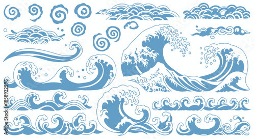 A collection of stylized blue sea waves and swirling elements, perfect for adding a touch of nautical design to backgrounds and various creative projects with a vector aesthetic.