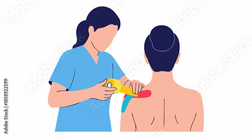 Physical therapist applying kinesiology tape on patient shoulder for injury treatment.