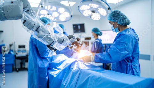 Surgeons and Advanced Robotic Arm Collaborate on a Delicate Procedure in a Modern Operating Room
