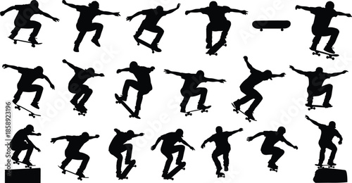 Skateboarding action silhouettes collection, dynamic skateboard trick poses vector illustration set, extreme sports skater movements isolated on white background