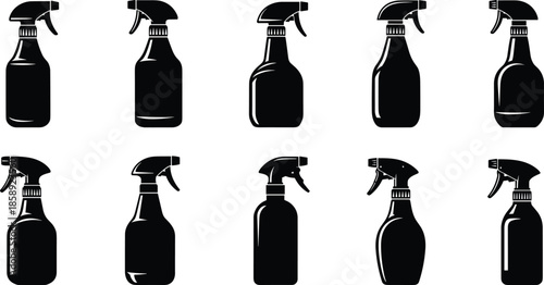 Spray bottle silhouettes vector set featuring plastic trigger containers, cleaning and household product icons for packaging, detergent branding, sanitation, and hygiene design