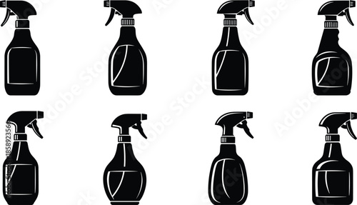 Spray bottle silhouettes vector set, household cleaning spray containers collection, plastic trigger bottles illustration isolated on white background