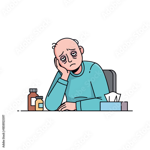 Tired man with dark circles under eyes sitting at table with medicine.