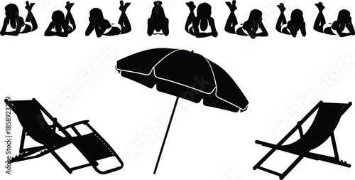 Summer beach leisure silhouettes set with sunbathing women poses, deck chairs and parasol umbrella, vacation relaxation concept, black vector illustration isolated
