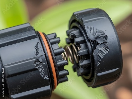 Close-Up of Damaged Irrigation Component with Exposed Spring Mechanism