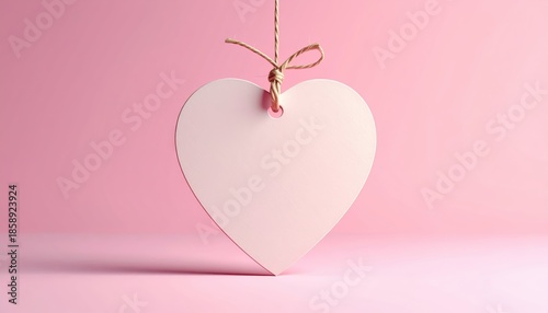 Heart Shaped Tag Hanging With Twine On Soft Pink Background For Celebrations And Emotions
