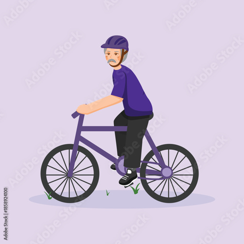 A flat illustration of a grandpa riding a bicycle, symbolizing outdoor exercise, daily commute, and an active healthy lifestyle.