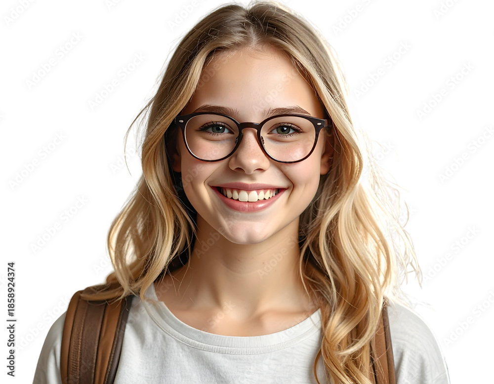 Obraz premium Cinematic Portrait of Young Student Girl with Glasses, Smiling, Front View, PNG